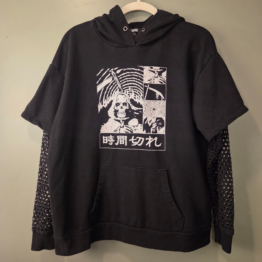 Hot Topic Grim Reaper Anime Hoodie Mesh Sleeves Juniors M Black White